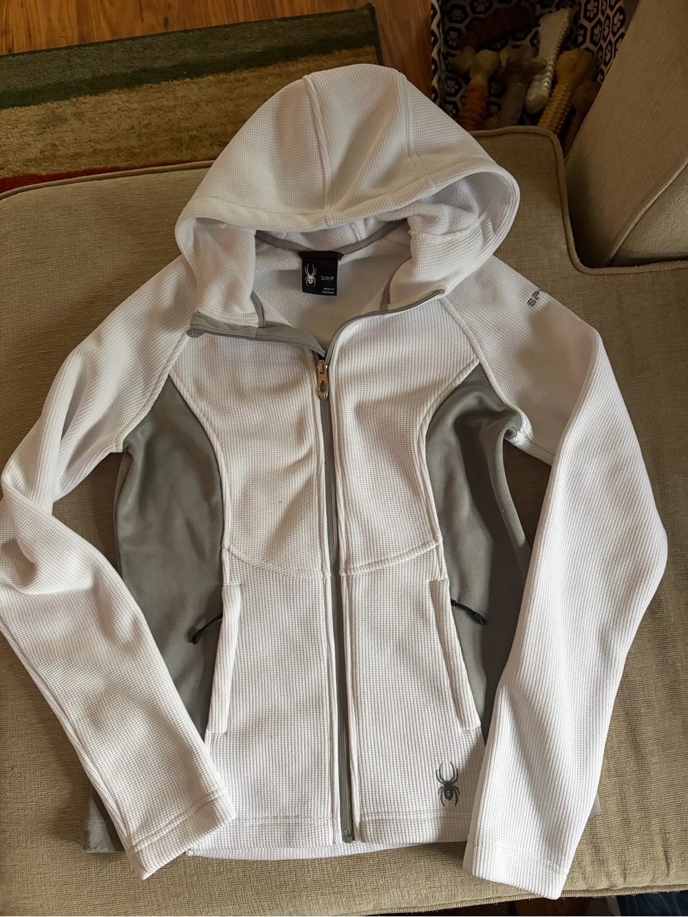 Spyder Women's White Waffle Hooded Zip-Up Jacket with Gray Panels
